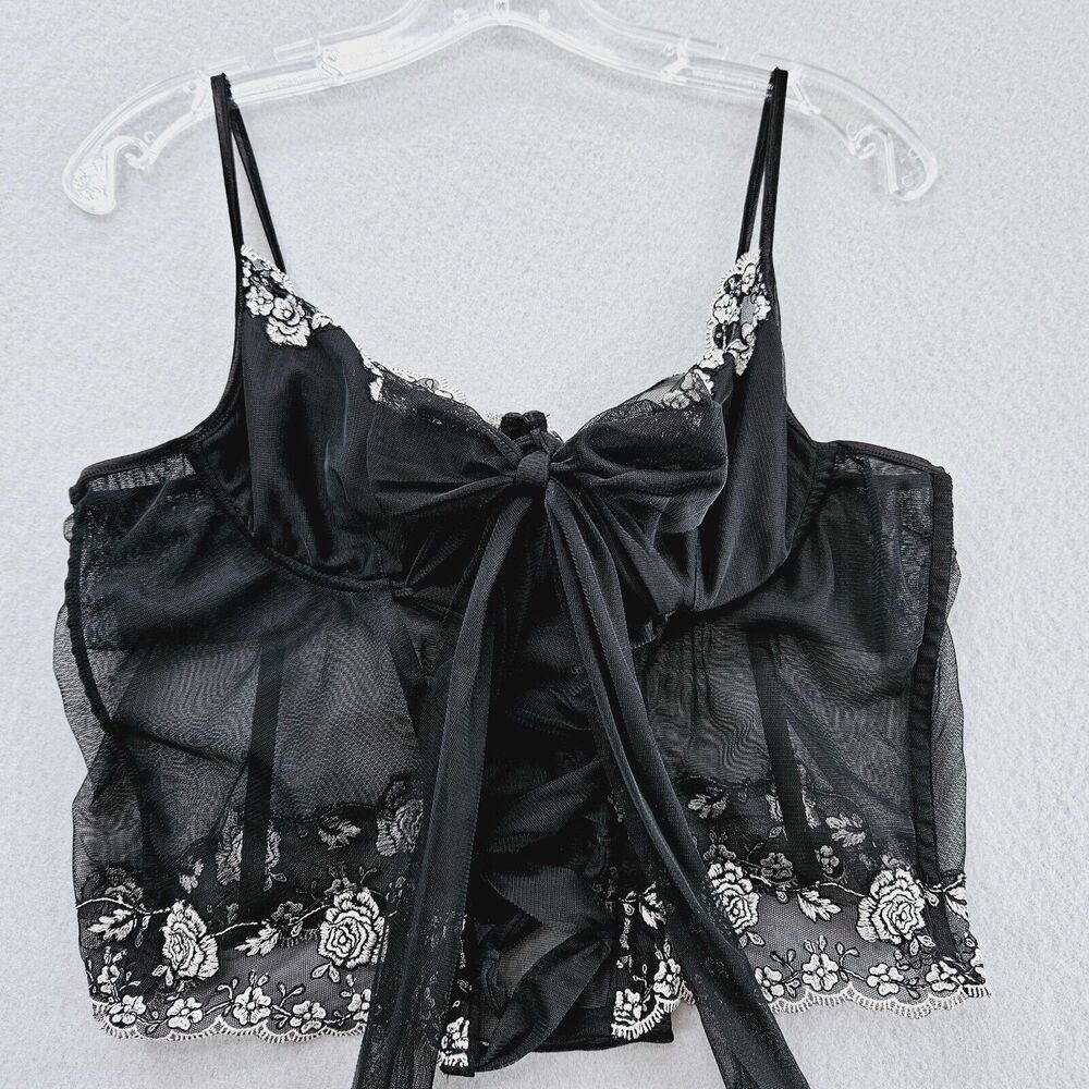 Vintage Movie Star Sheer Black Bustier Womens XL Floral Lace Corset Cropped Top